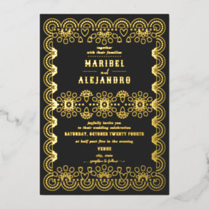Invitation En Aluminium Mexique Papel Picado Mariage noir floral