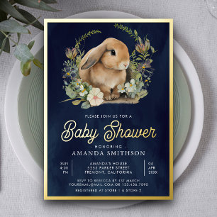 Invitation En Aluminium Mignon Lapin Floral Bleu Marine Baby Shower Or