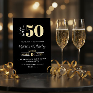 Invitation En Aluminium Minimal Bonjour 50 Script 50e Anniversaire Noir Or