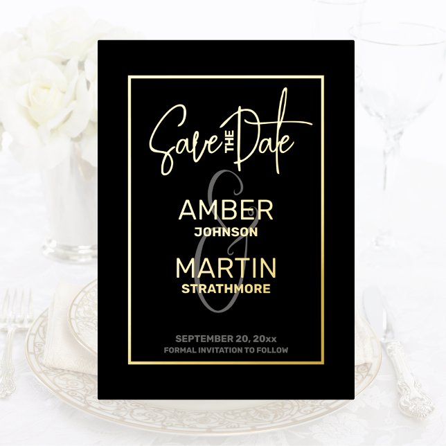 Invitation En Aluminium Minimal Chic Elegant Black Gold Enregistrer la dat (Créateur téléchargé)