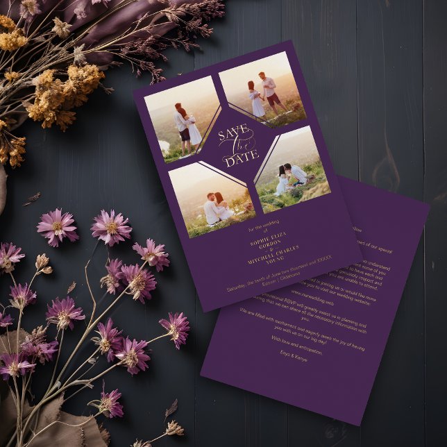 Invitation En Aluminium Minimal Wedding Purple & Gold 4-Photos Collage (Minimal Wedding Purple & Gold 4-Photos Collage Metallic Foil Save the Date with Envelope.)