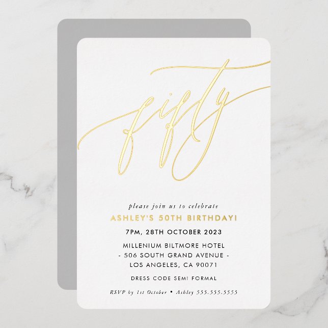 Invitation En Aluminium MINIMALIST Calligraphie chic or 50e anniversaire (Recto/Verso)