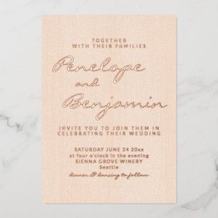 Invitation En Aluminium Minimaliste moderne Peach Script Mariage Rose or