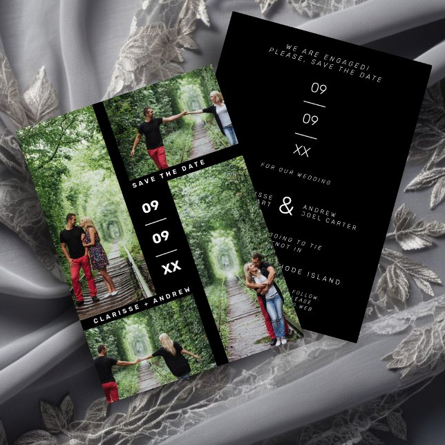 Invitation En Aluminium Minimaliste moderne Quatre Photos Collage Mariage (Minimalist Modern Four Photos Collage Wedding Foil Save the Date Card with Envelope.)