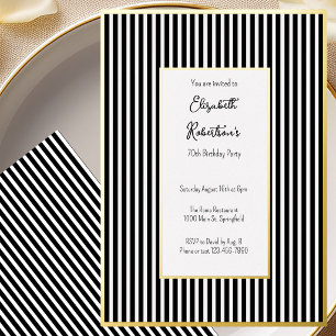 Invitation En Aluminium Minimaliste Rayures Noires Or 70e Anniversaire