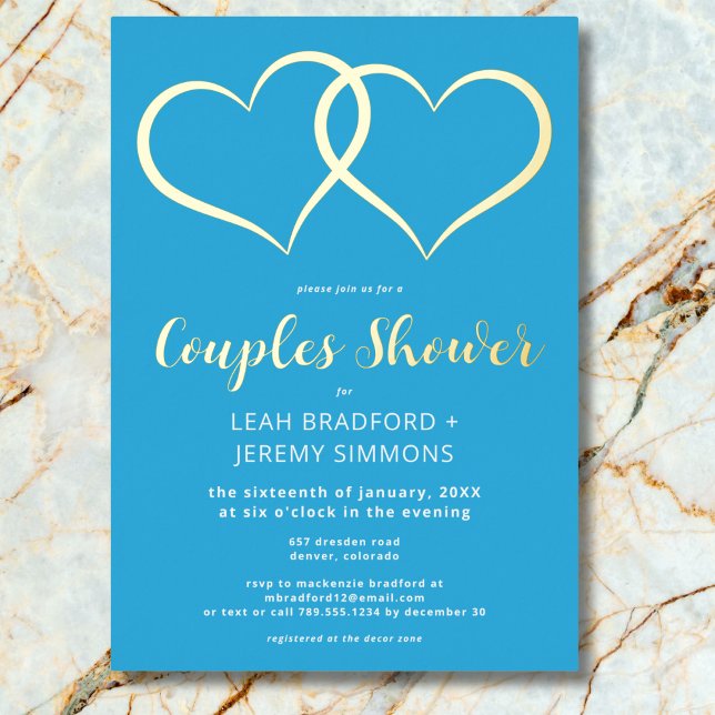 Invitation En Aluminium Minimum Deux Coeurs Français Blue Couples Douche (Minimal Two Hearts French Blue Couple Shower Photo Foil Invitation)