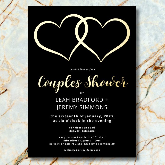 Invitation En Aluminium Minimum Deux Coeurs Noir Blanc Couples Douche (Minimal Two Hearts Black White Couples Shower Foil Invitation)