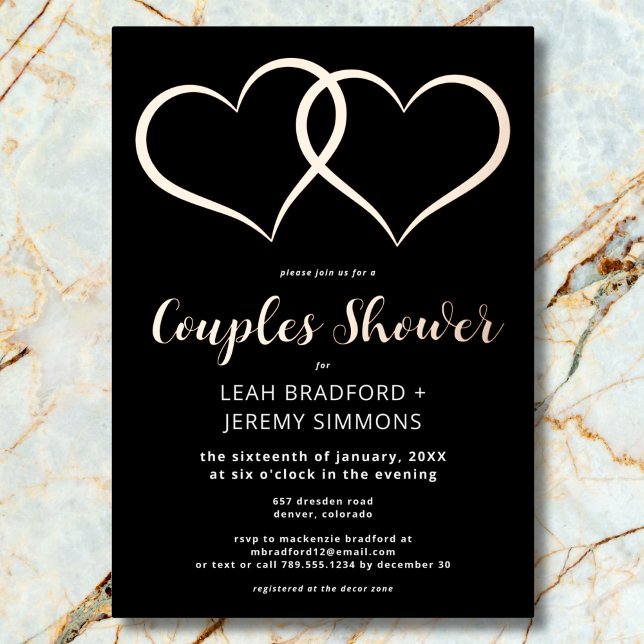 Invitation En Aluminium Minimum Deux Coeurs Noir Blanc Couples Douche (Minimal Two Hearts Black White Couples Shower Foil Invitation)