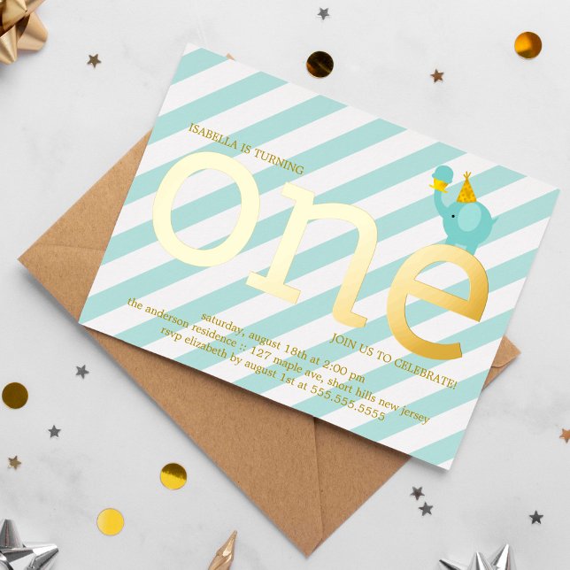 Invitation En Aluminium Mint et Faux Gold Foil Eléphane fête d'anniversair (Créateur téléchargé)