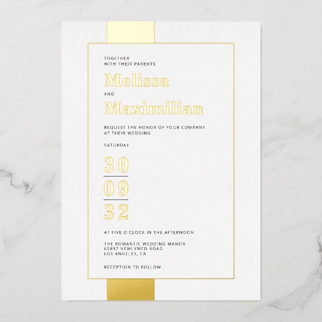Invitation En Aluminium Minuscule noir blanc or simple mariage gras (Recto)