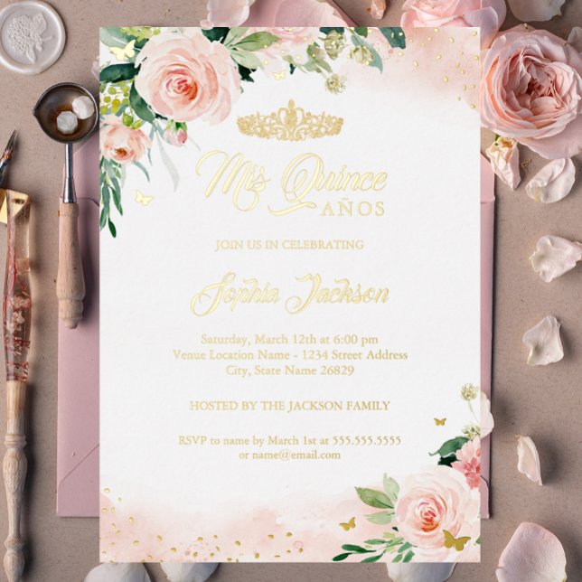 Invitation En Aluminium Mis Quince Or Rose Floral Quinceanera Anniversaire (Créateur téléchargé)