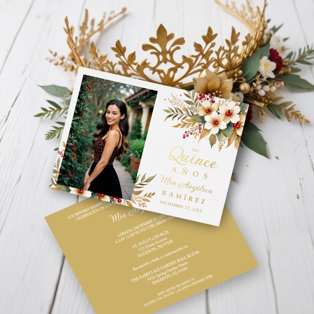 Invitation En Aluminium Mis XV Delicate Christmas Spanish Floral Photo (Delicate Christmas Faux Gold & Red Shades Floral Botanical Bouquets Photo Quinceañera Metallic Foil )