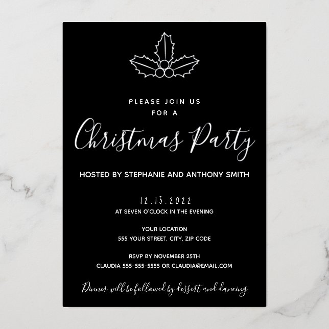 Invitation En Aluminium Mistletoe noir et or minimum Noël (Devant)