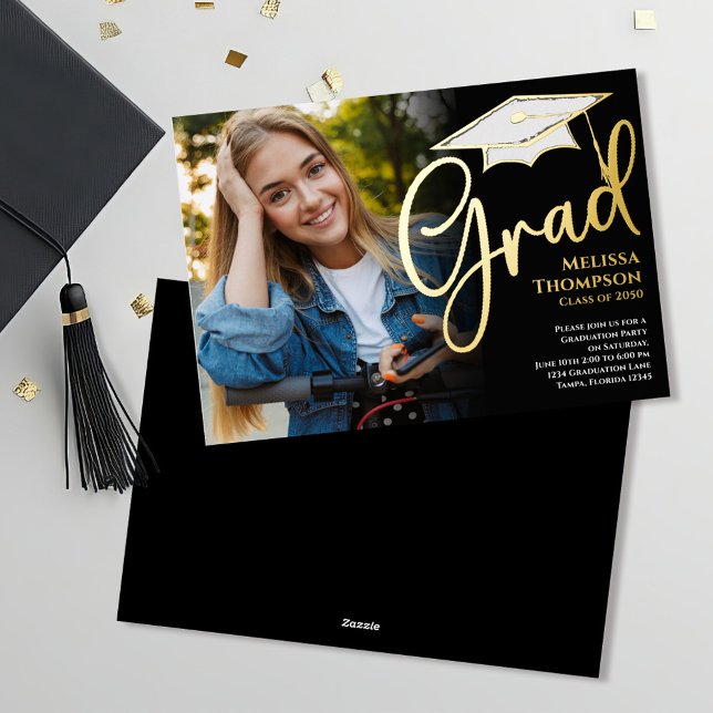 Invitation En Aluminium Modèle photo de graduation Gold Script simple (Classic gold foil script photo template graduation invitation announcement.)