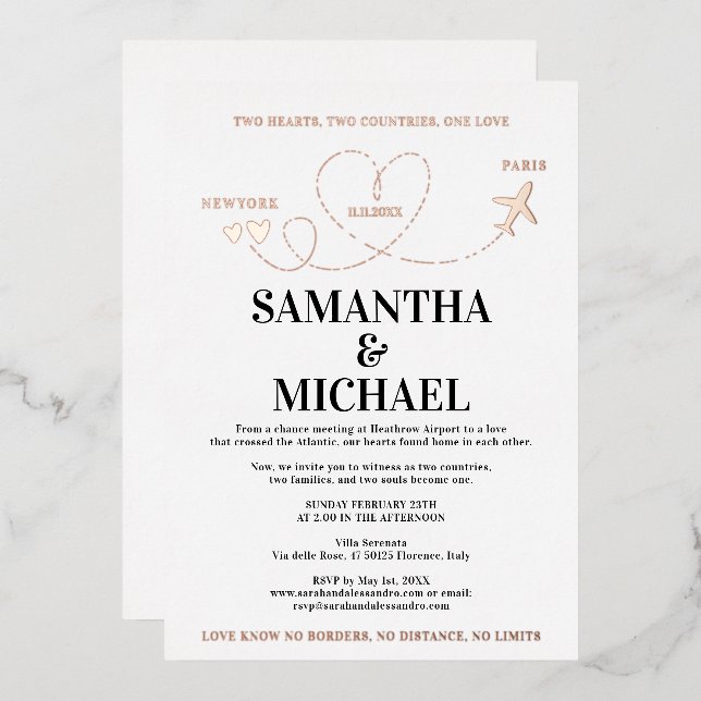Invitation En Aluminium Modern Destination Wedding Airplane Heart (Recto/Verso)