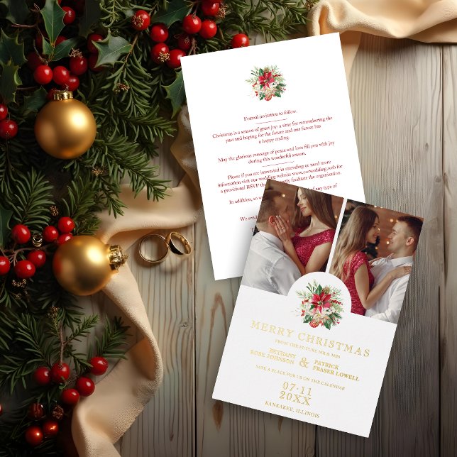 Invitation En Aluminium Modern Floral Poinsettias Bouquet Christmas Photos (Modern Floral Poinsettias Bouquet Christmas 2 Photos Collage Elegant Metallic Foil Save the Date.)