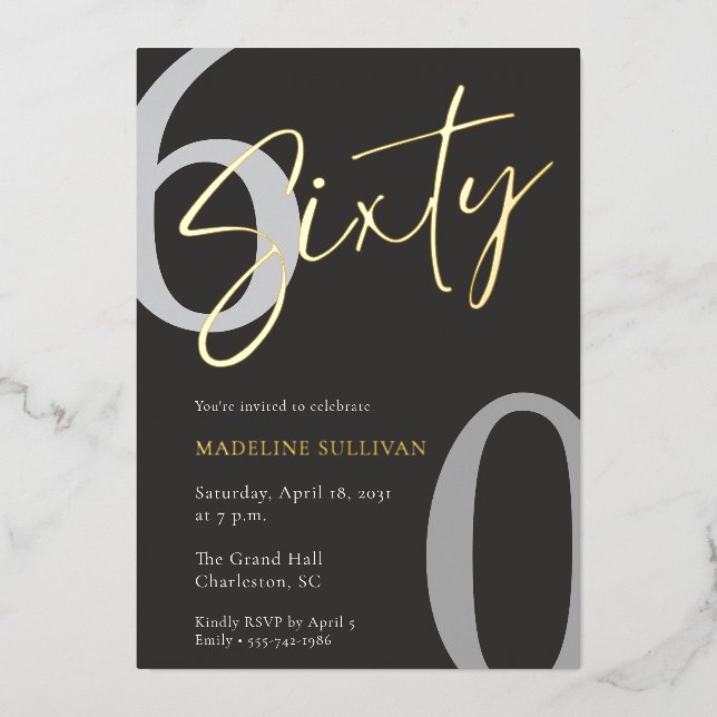 Invitation En Aluminium Modern Minimal Script Sixty 60th Birthday Party (Recto)