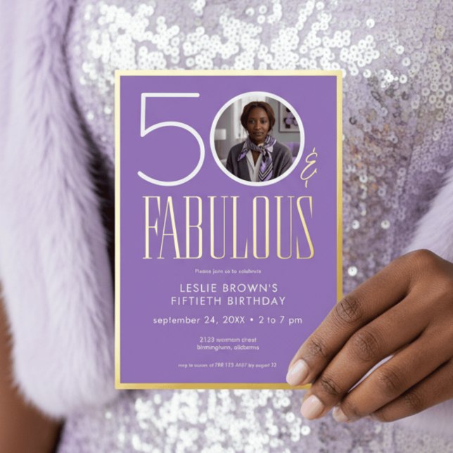 Invitation En Aluminium Modern Purple Fifty Fabulous Photo Birthday (Créateur téléchargé)