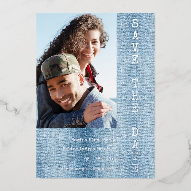 Invitation En Aluminium Modern Romantic Blue Jean Engaged Couple Photo (Recto)