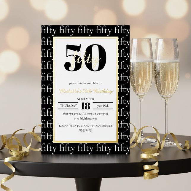 Invitation En Aluminium Modern Typography 50th Birthday Party Black Gold (Créateur téléchargé)