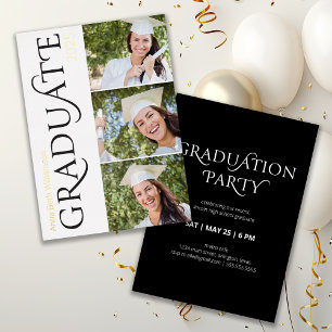Invitation En Aluminium Moderne 3 Photo Black Gold Graduation Party