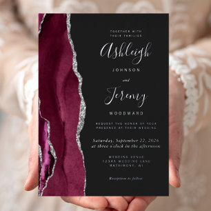 Invitation En Aluminium Moderne Argent Bourgogne Agate Mariage foncé