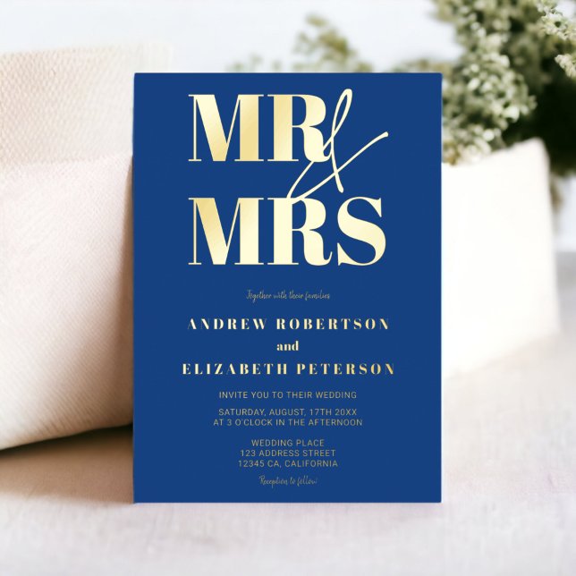 Invitation En Aluminium Moderne audacieux M. Mrs script bleu photo mariage (Modern bold Mr Mrs script blue photo wedding Foil Invitation)