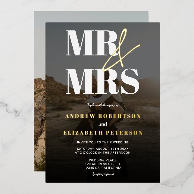 Invitation En Aluminium Moderne audacieux M. Mrs script noir photo mariage (Recto/Verso)