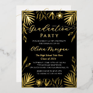 Invitation En Aluminium Moderne Black Gold Floral Script Graduation Photo 