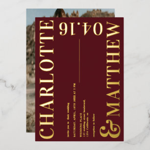Invitation En Aluminium Moderne bold noms bourgogne photo mariage or