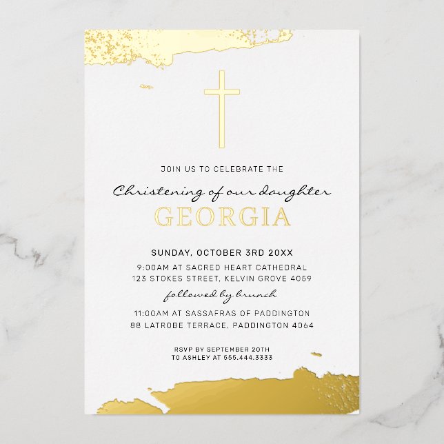 Invitation En Aluminium MODERNE CHRISTENING feuille d'or cross classique (Recto)