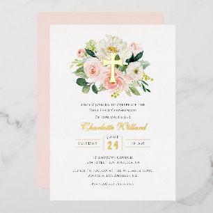 Invitation En Aluminium Moderne Croix Florale Dorée pour la Première Commu