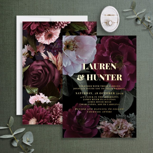 Invitation En Aluminium Moderne Dark Moody Bourgogne Floral Mariage Gold (Créateur téléchargé)