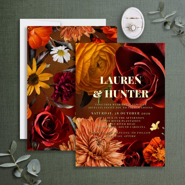 Invitation En Aluminium Moderne Dark Moody Sunset Floral Mariage Gold (Créateur téléchargé)