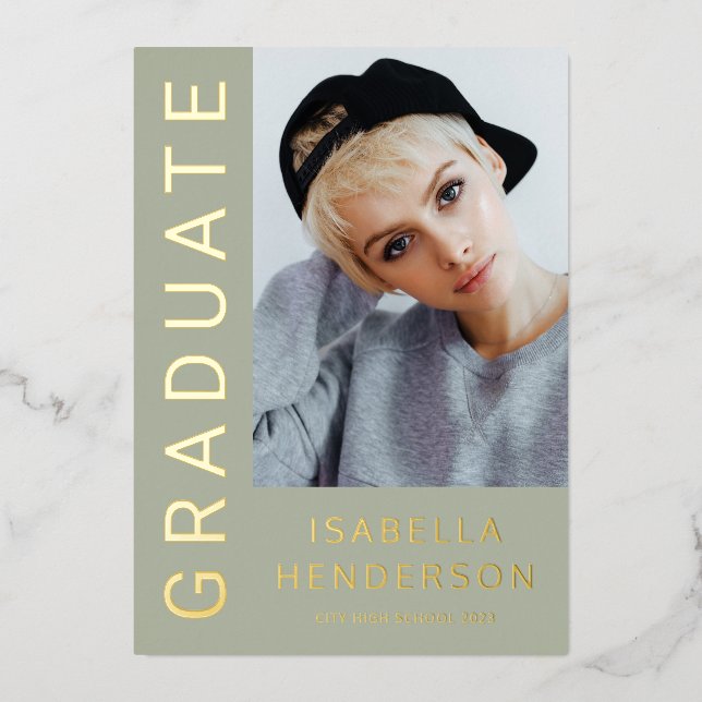 Invitation En Aluminium Moderne Design 2 Photo Graduation Sage Vert Or (Recto)