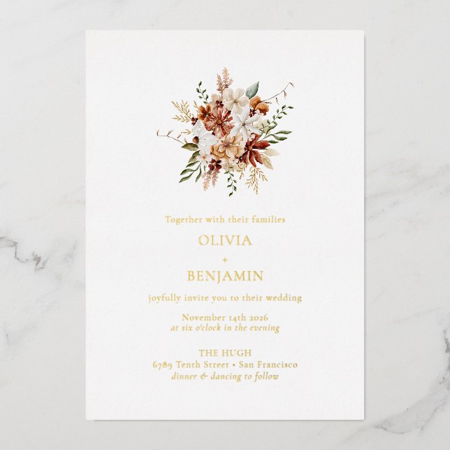 Invitation En Aluminium Moderne Elégant Botanique Bourgogne Mariage Bouque (Recto)
