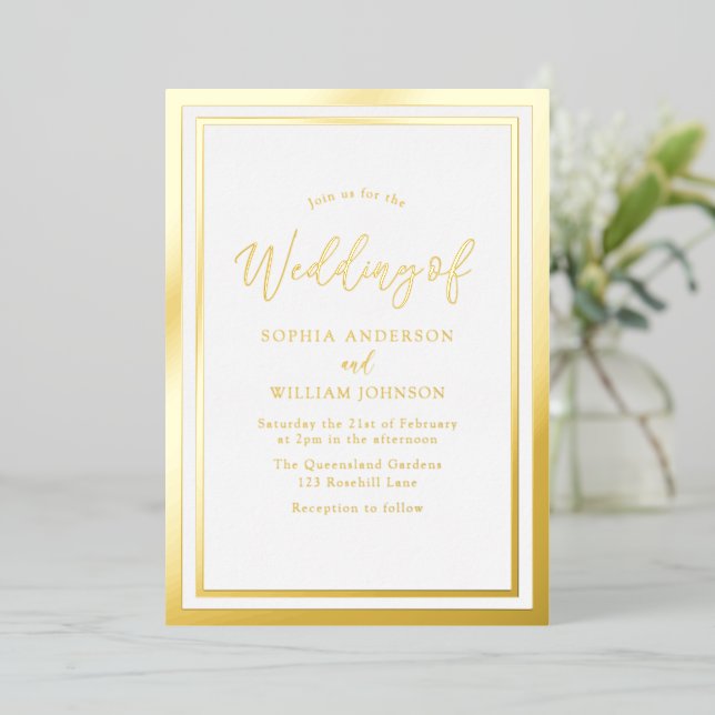 Invitation En Aluminium Moderne Elegant Simple Mariage à huile dorée (Debout devant)