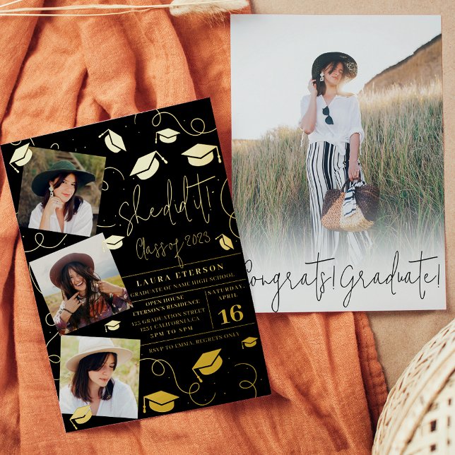 Invitation En Aluminium Moderne Elle l'a fait noir chic photo graduation (Créateur téléchargé)
