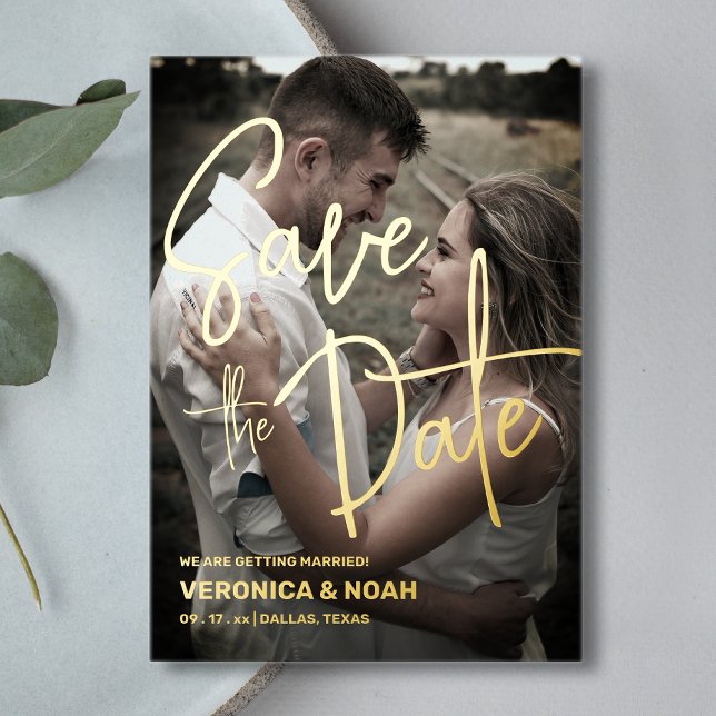 Invitation En Aluminium Moderne Enregistrer La Date Avec Photo | Or réel (customizable Save the Date wedding invitation with clean,  shiny, real foil print.)