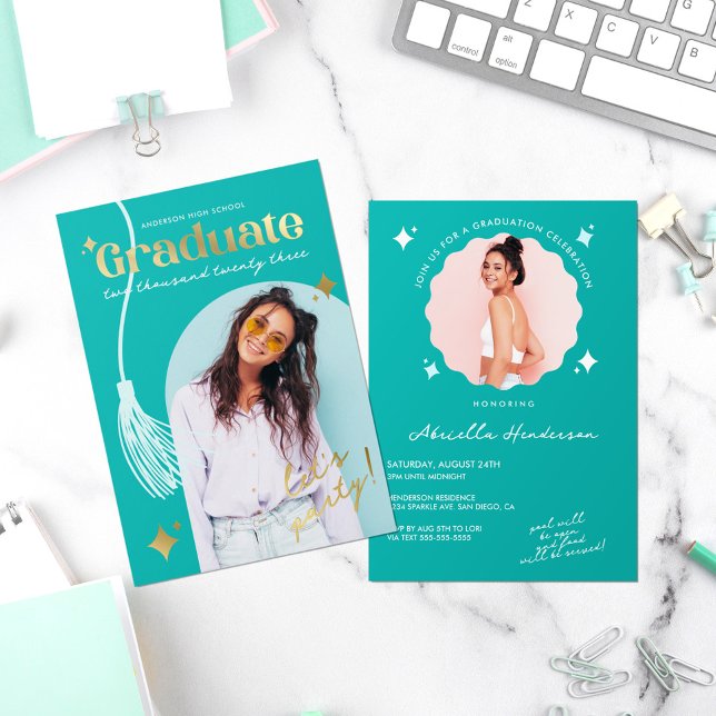 Invitation En Aluminium Moderne et rétro Turquoise Sparkle Graduation Foil (Créateur téléchargé)
