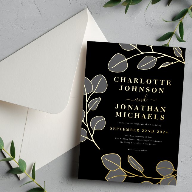 Invitation En Aluminium Moderne feuilles simples noir gris or (Minimalist leaves modern stylish black gray and gold foil wedding invitation )