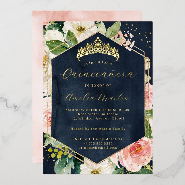 Invitation En Aluminium Moderne Geo Navy Blush Floral Quinceanera (Recto/Verso)
