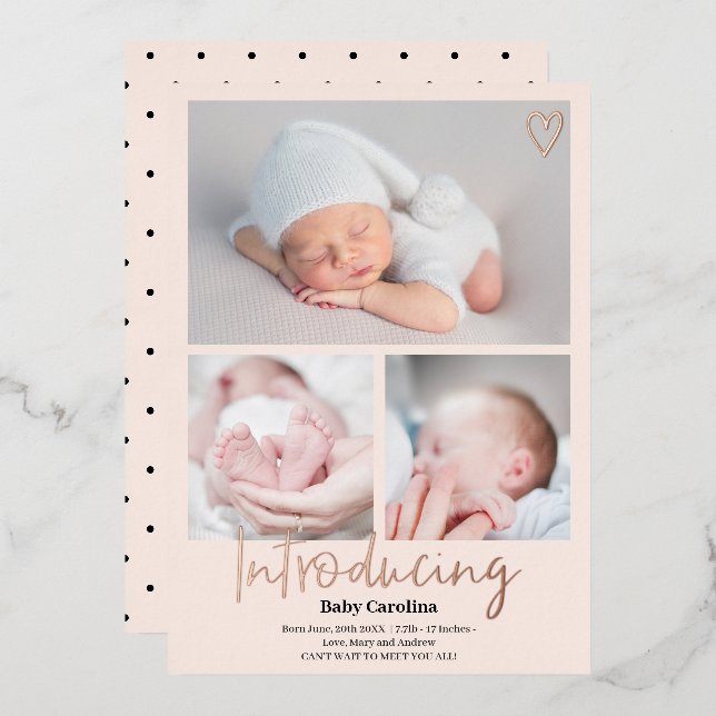 Invitation En Aluminium Moderne introduction rose rose 3 photos naissance (Recto/Verso)