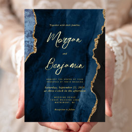 Invitation En Aluminium Moderne Marine Bleu Agate Chic Gold Script Mariage