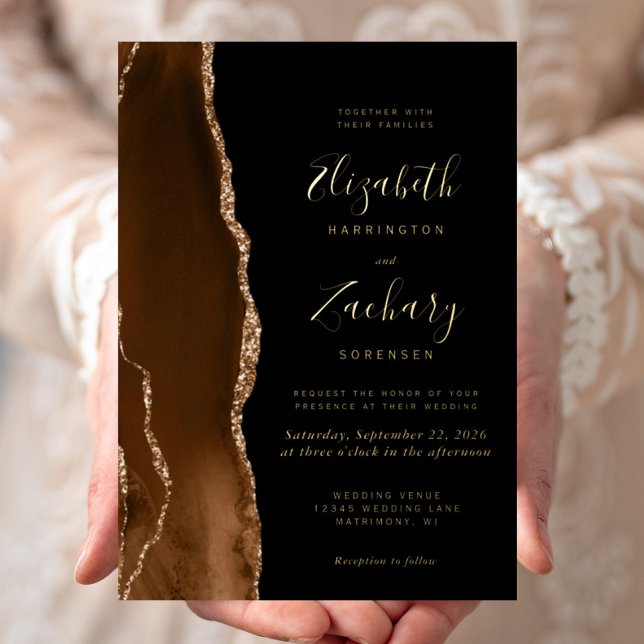 Invitation En Aluminium Moderne Mocha Brown Gold Agate Mariage noir (Créateur téléchargé)