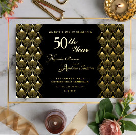 Invitation En Aluminium Moderne Retro noir et or 50e anniversaire