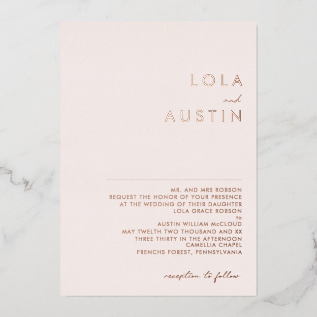 Invitation En Aluminium Moderne | Rose Gold Blush Mariage traditionnel Rea (Recto)