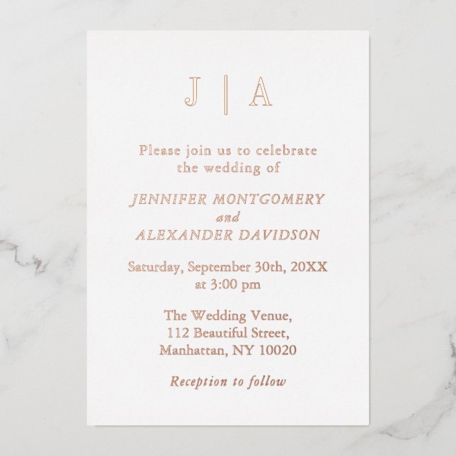 Invitation En Aluminium Moderne Simple Rose Or Et Blanc Monogramme Mariage (Recto)