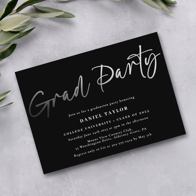 Invitation En Aluminium Moderne Simple Script Black Silver Graduation Part (Créateur téléchargé)