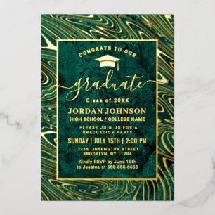 Invitation En Aluminium Moderne Vert Agate Marbre Partie de graduation Or